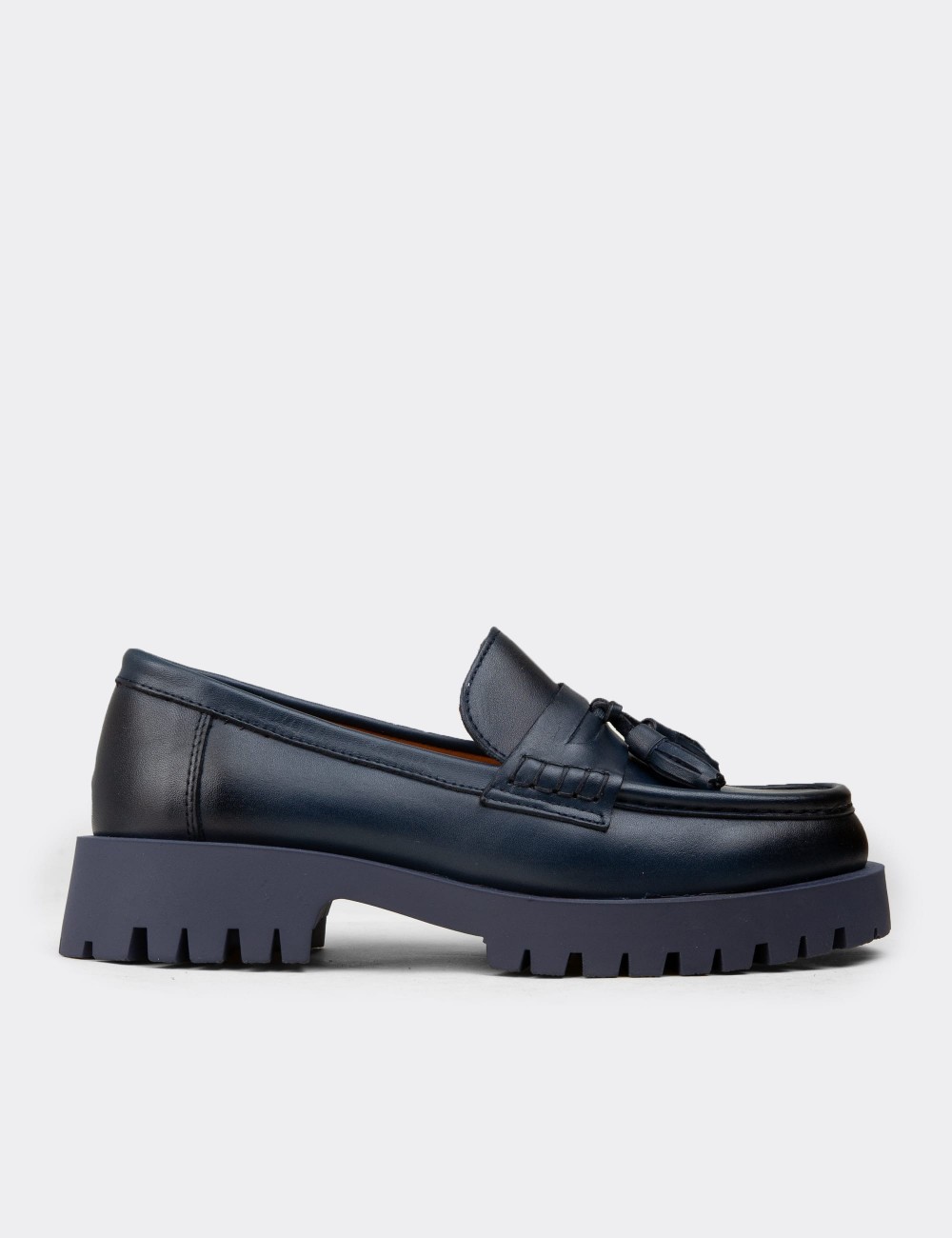 Women's Navy Leather Loafers with Tassels - 02035ZLCVC03