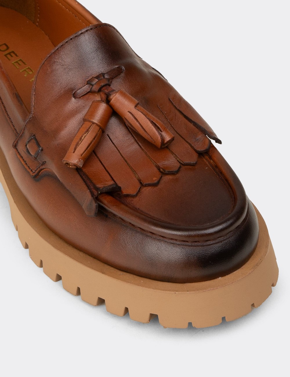 Women's Tan Leather Loafers with Tassels - 02033ZTBAC02