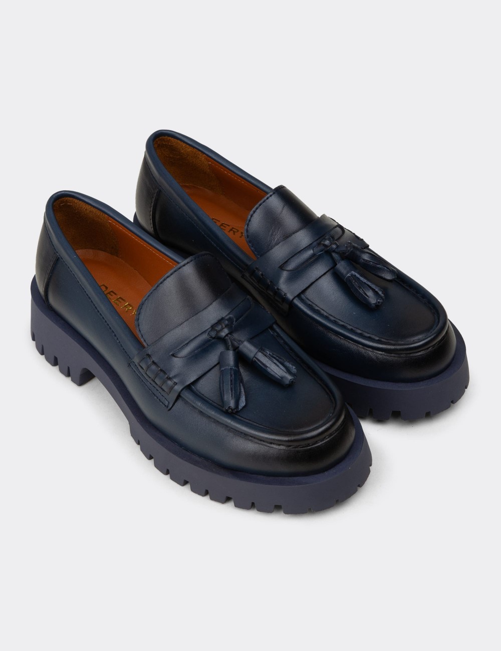 Women's Navy Leather Loafers with Tassels - 02035ZLCVC03
