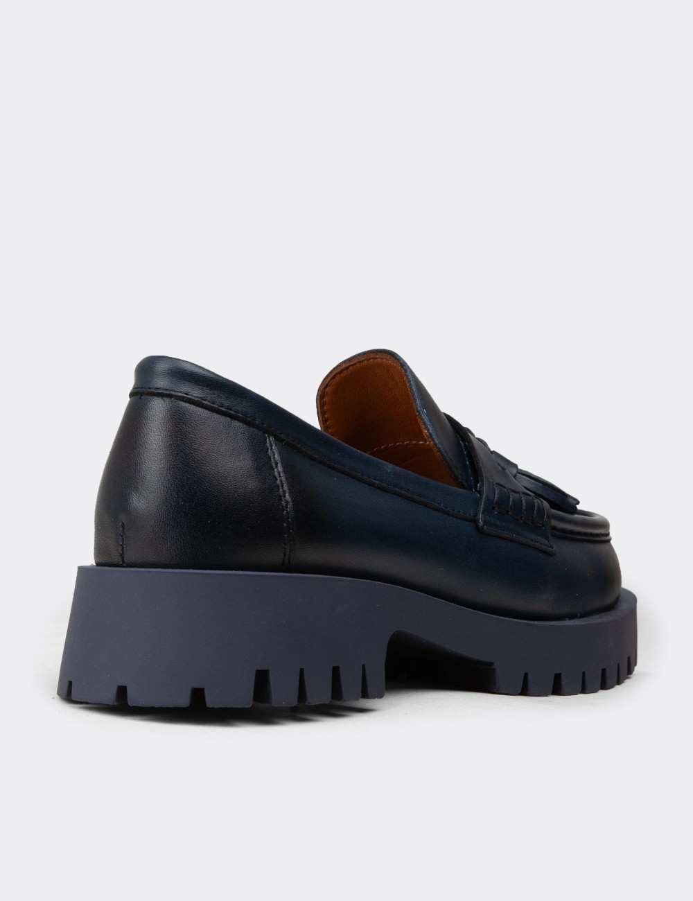 Women's Navy Leather Loafers with Tassels - 02035ZLCVC03