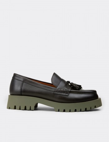 Women's Khaki Leather Tassel Loafers