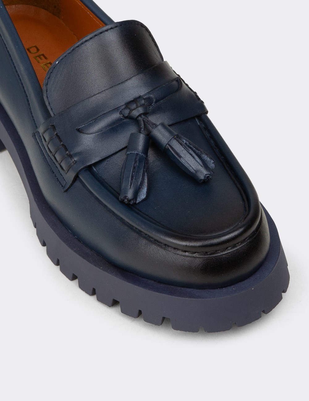 Women's Navy Leather Loafers with Tassels - 02035ZLCVC03
