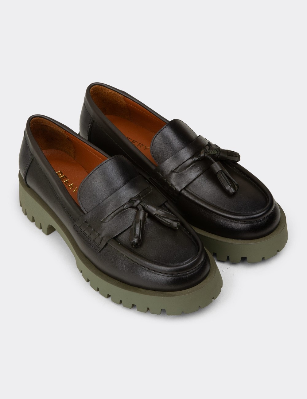 Women's Khaki Leather Tassel Loafers - 02035ZHAKC01