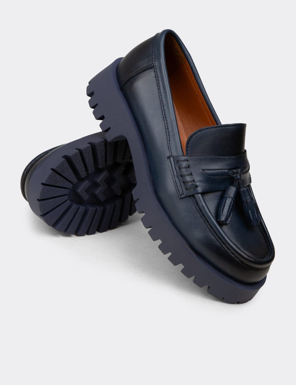 Women's Navy Leather Loafers with Tassels - 02035ZLCVC03