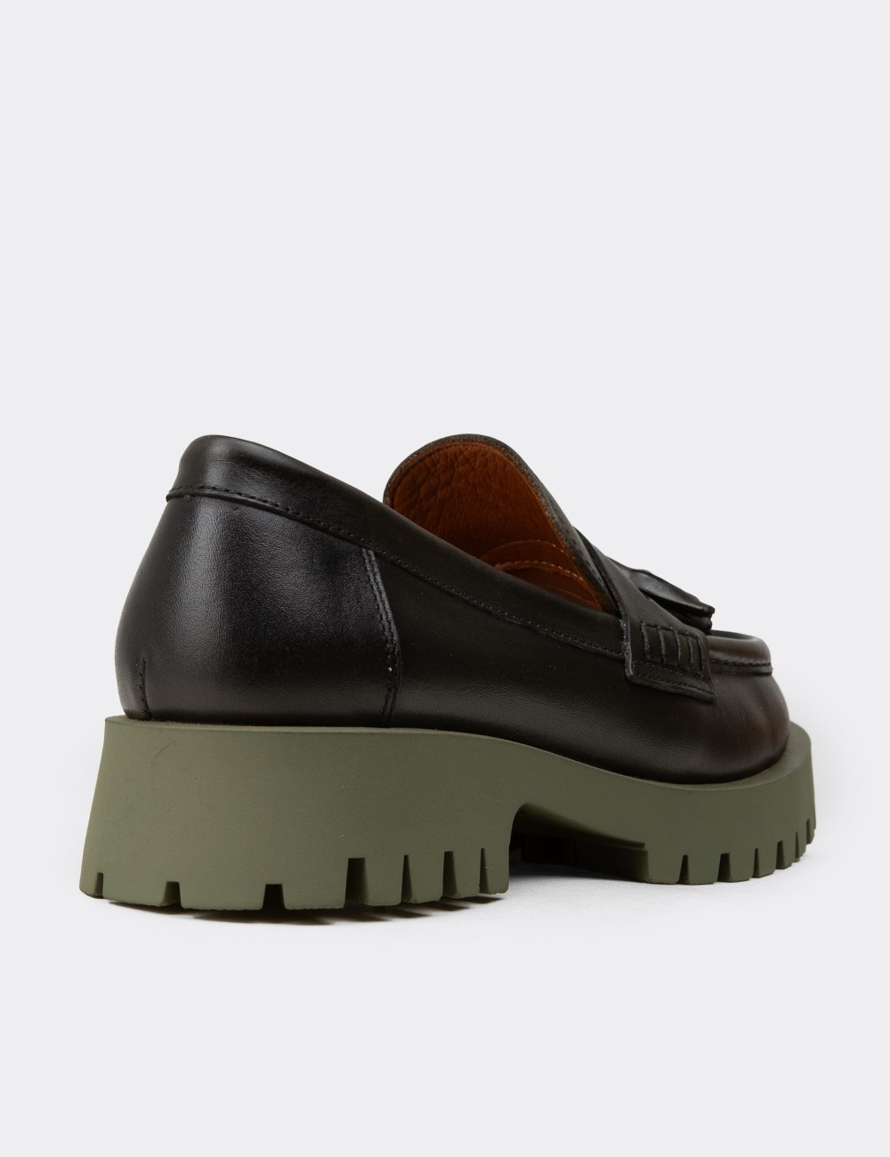 Women's Khaki Leather Tassel Loafers - 02035ZHAKC01