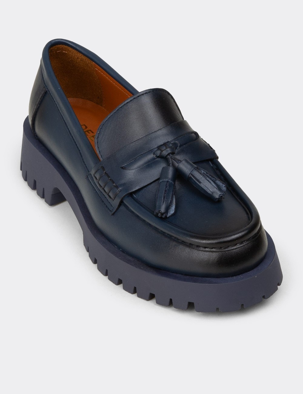 Women's Navy Leather Loafers with Tassels - 02035ZLCVC03