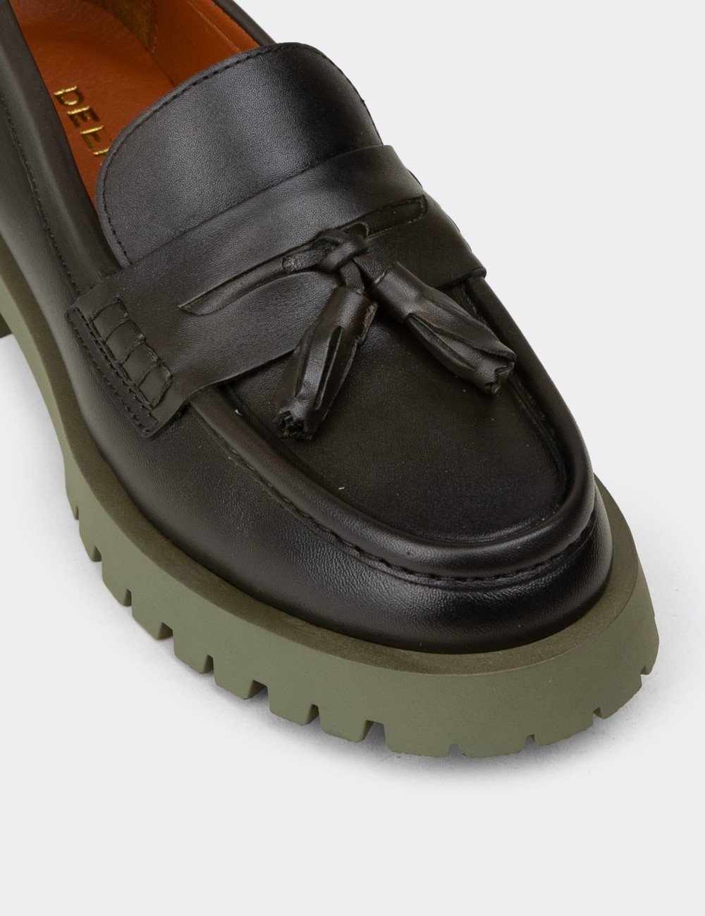 Women's Khaki Leather Tassel Loafers - 02035ZHAKC01