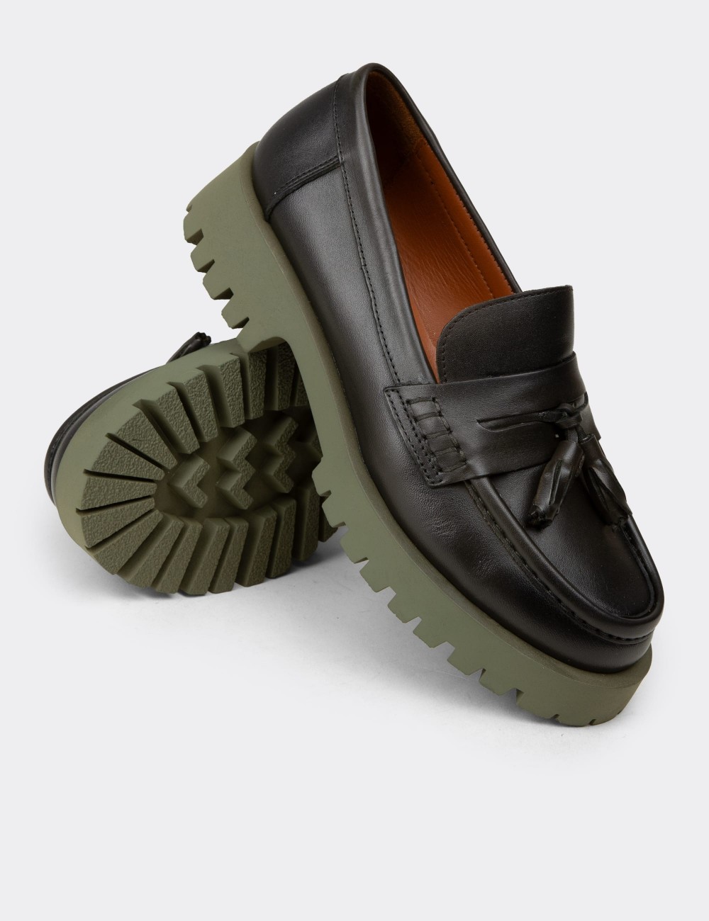 Women's Khaki Leather Tassel Loafers - 02035ZHAKC01