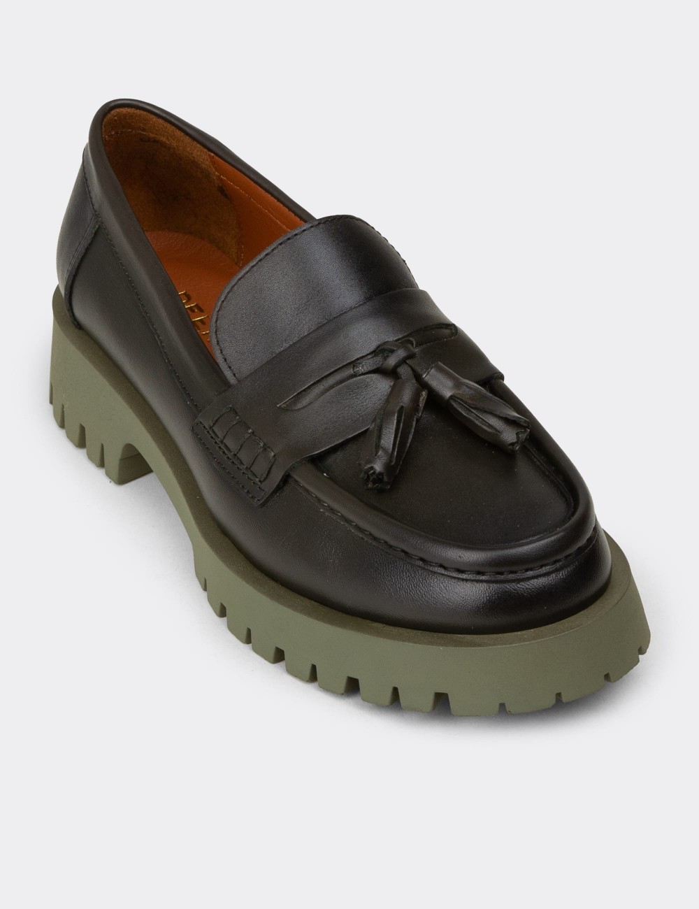 Women's Khaki Leather Tassel Loafers - 02035ZHAKC01
