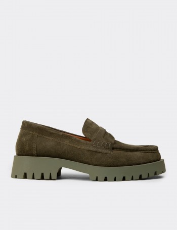Women's Khaki Suede Leather Loafers