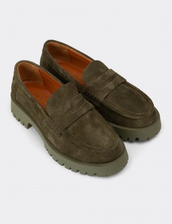 Women's Khaki Suede Leather Loafers