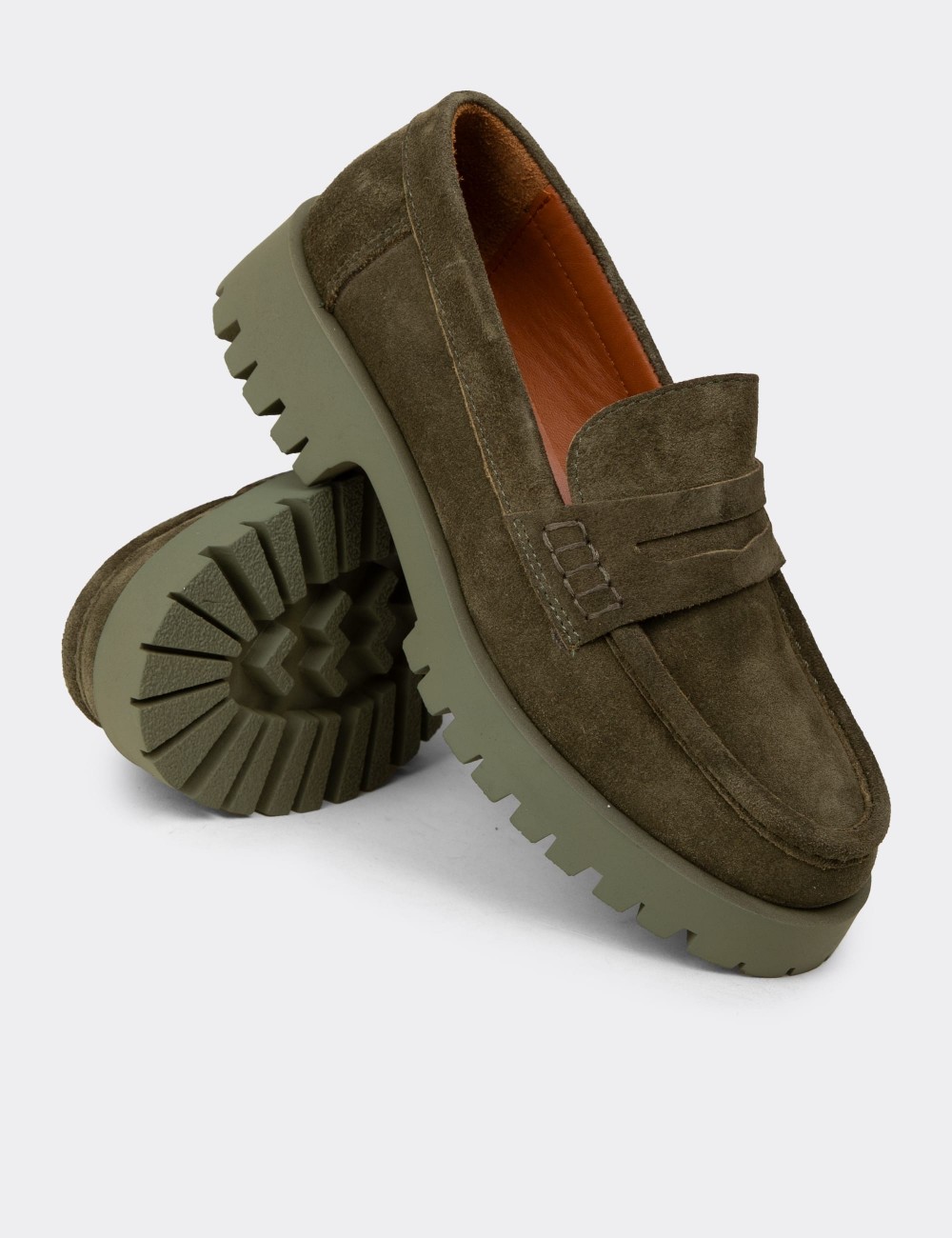Women's Khaki Suede Leather Loafers - 02034ZHAKC02