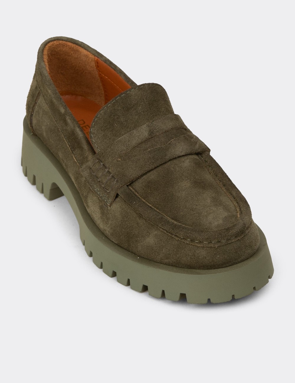 Women's Khaki Suede Leather Loafers - 02034ZHAKC02