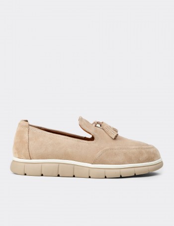 Men's Beige Suede Leather Loafers with Tassels