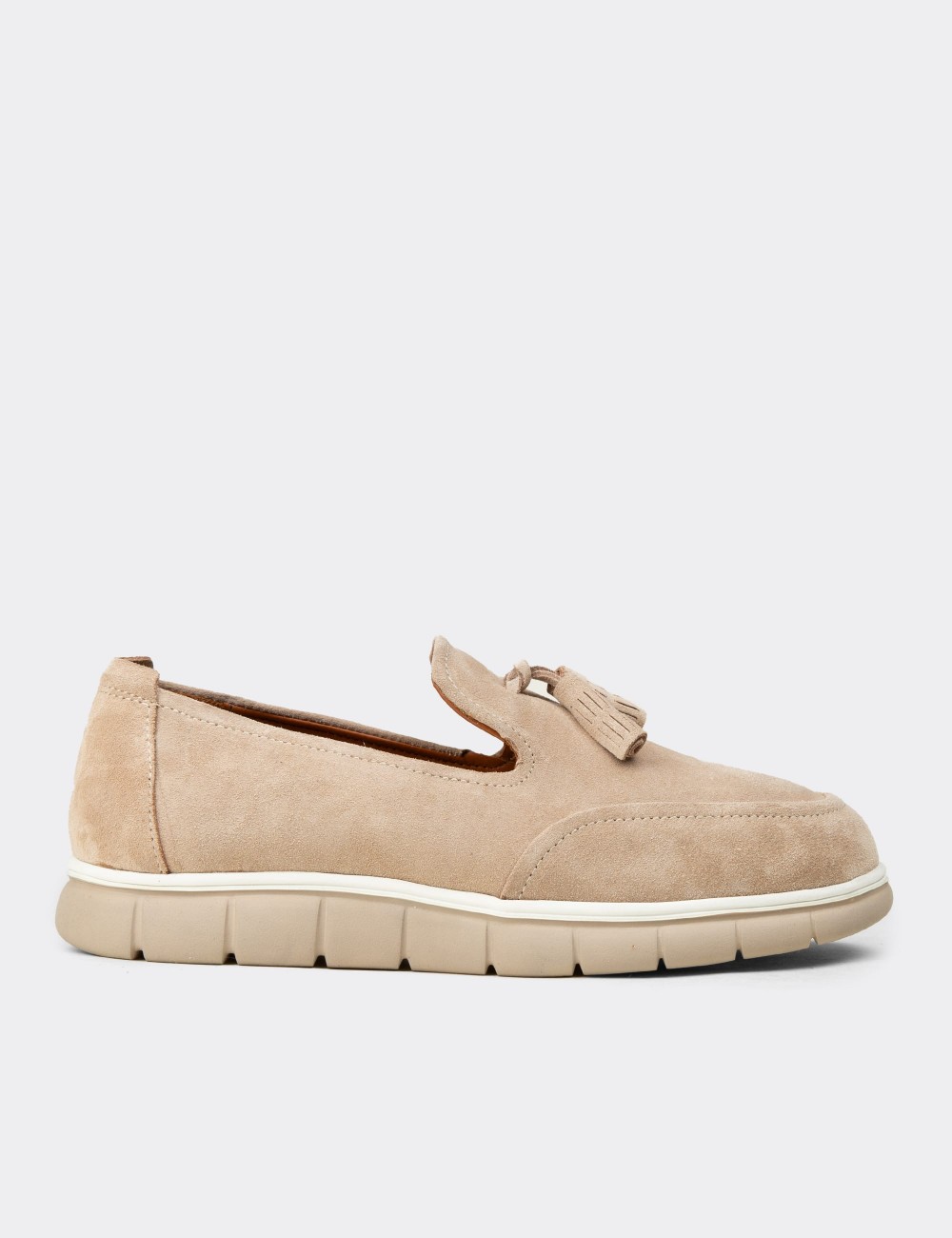Men's Beige Suede Leather Loafers with Tassels - 02048MBEJE01