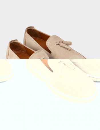 Men's Beige Suede Leather Loafers with Tassels