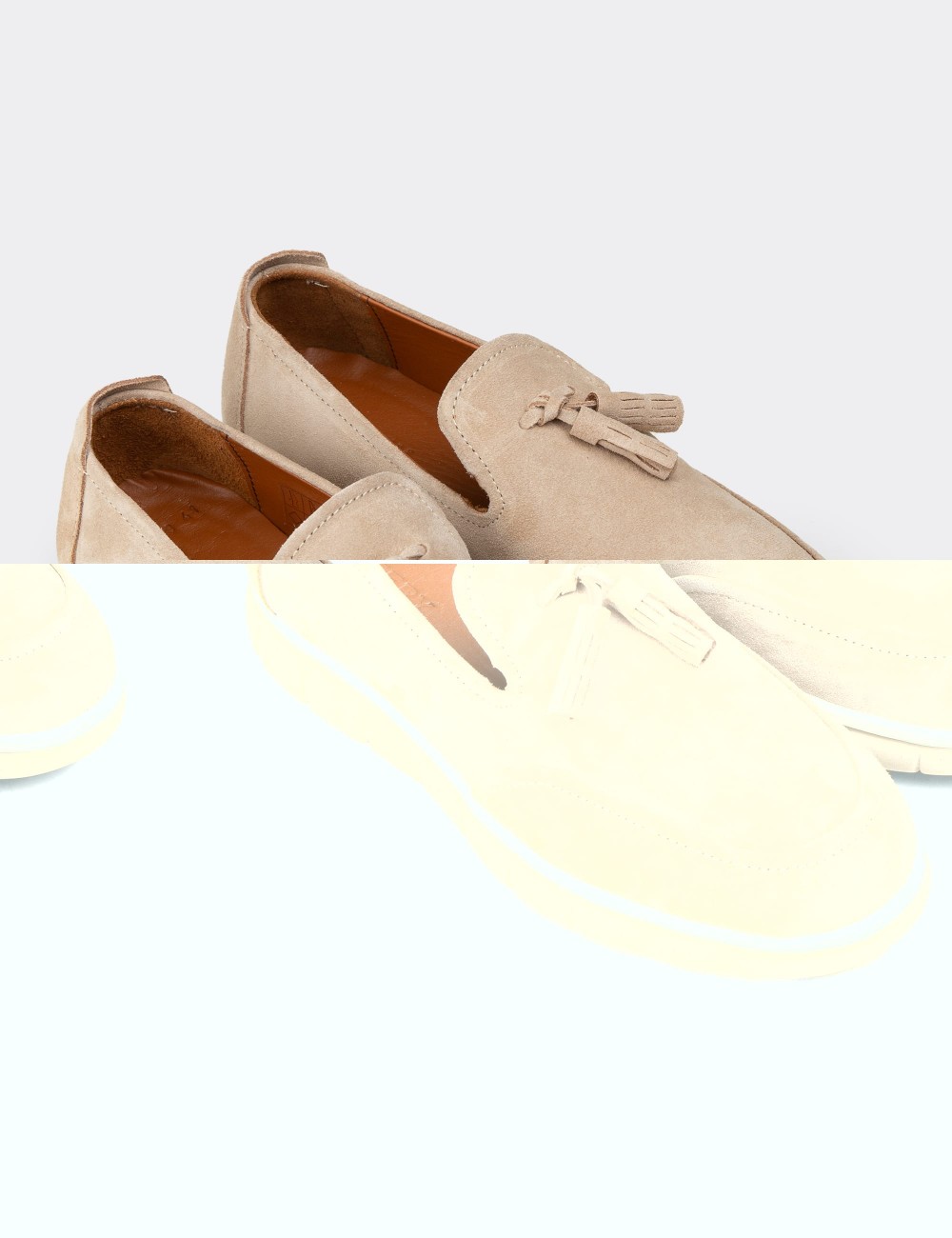 Men's Beige Suede Leather Loafers with Tassels - 02048MBEJE01