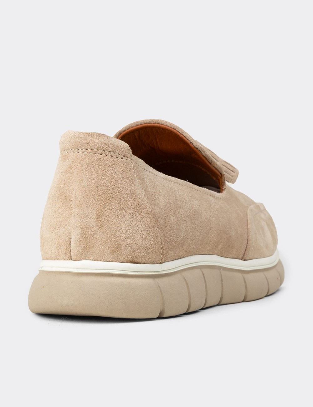 Men's Beige Suede Leather Loafers with Tassels - 02048MBEJE01