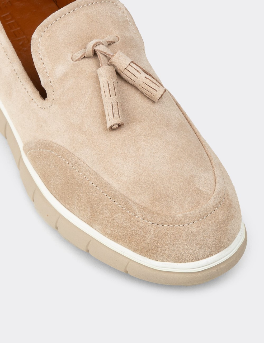 Men's Beige Suede Leather Loafers with Tassels - 02048MBEJE01