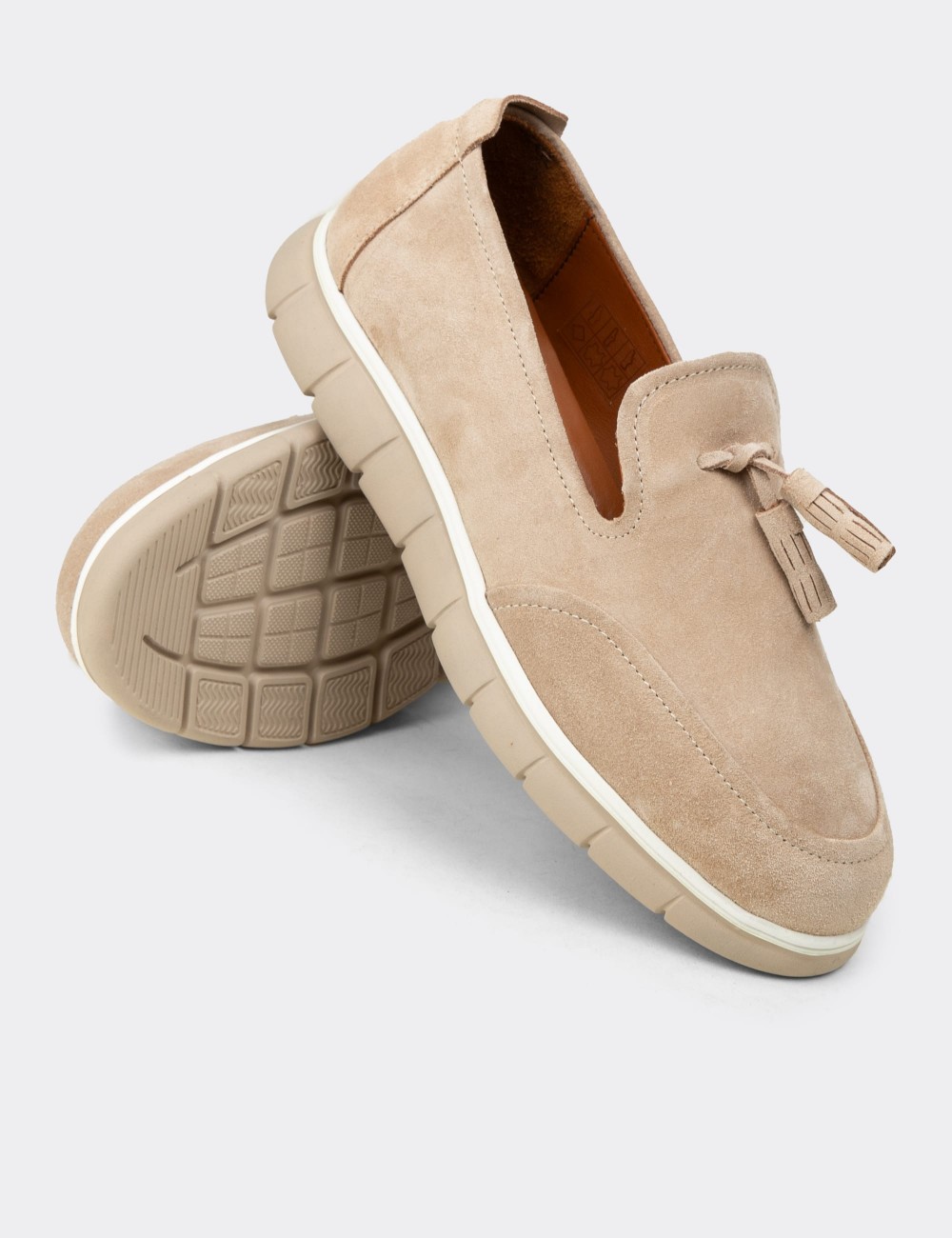 Men's Beige Suede Leather Loafers with Tassels - 02048MBEJE01
