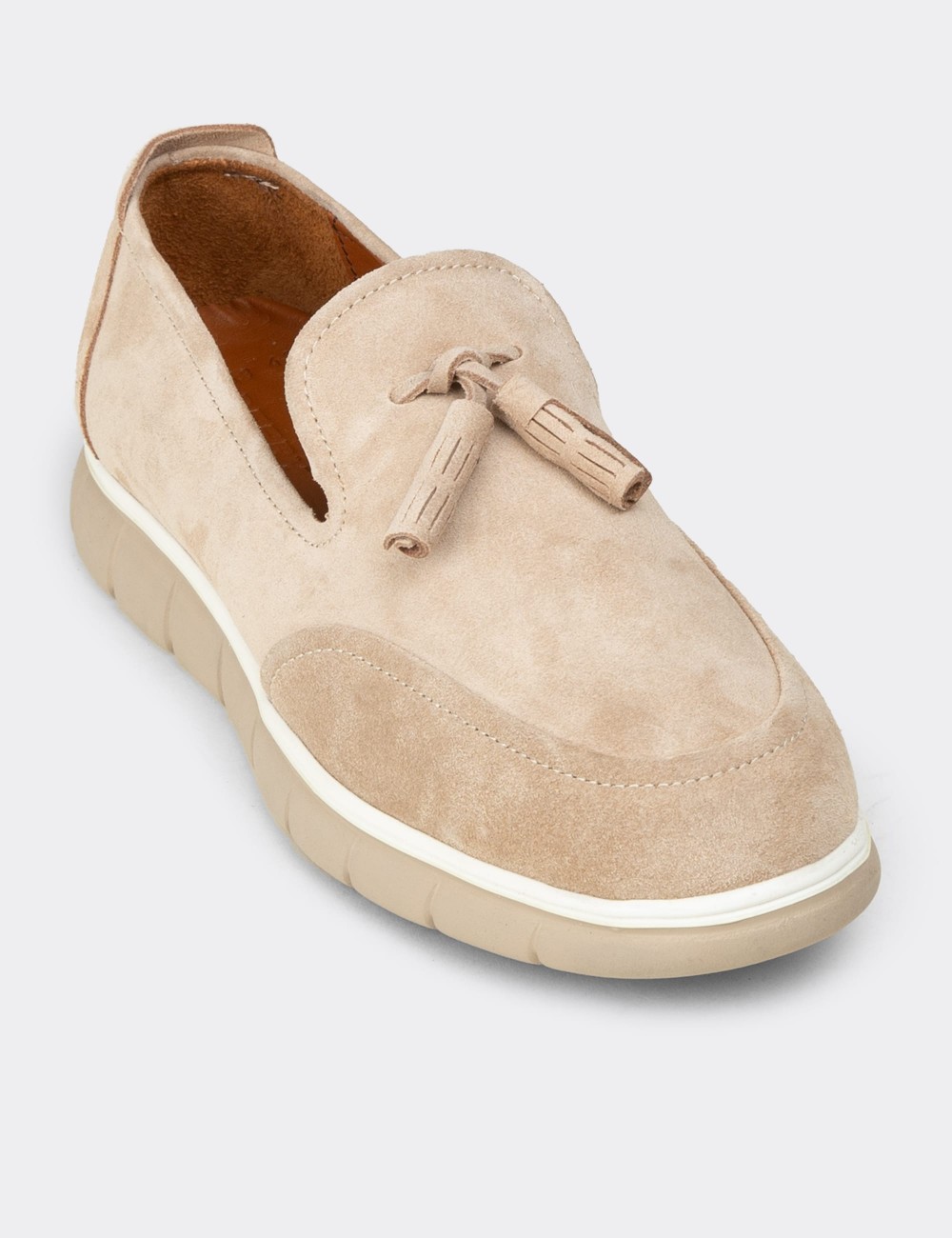 Men's Beige Suede Leather Loafers with Tassels - 02048MBEJE01