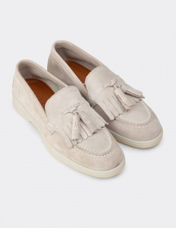 Women's Gray Suede Leather Tassel Loafers