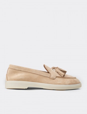 Women's Beige Suede Leather Tassel Loafers