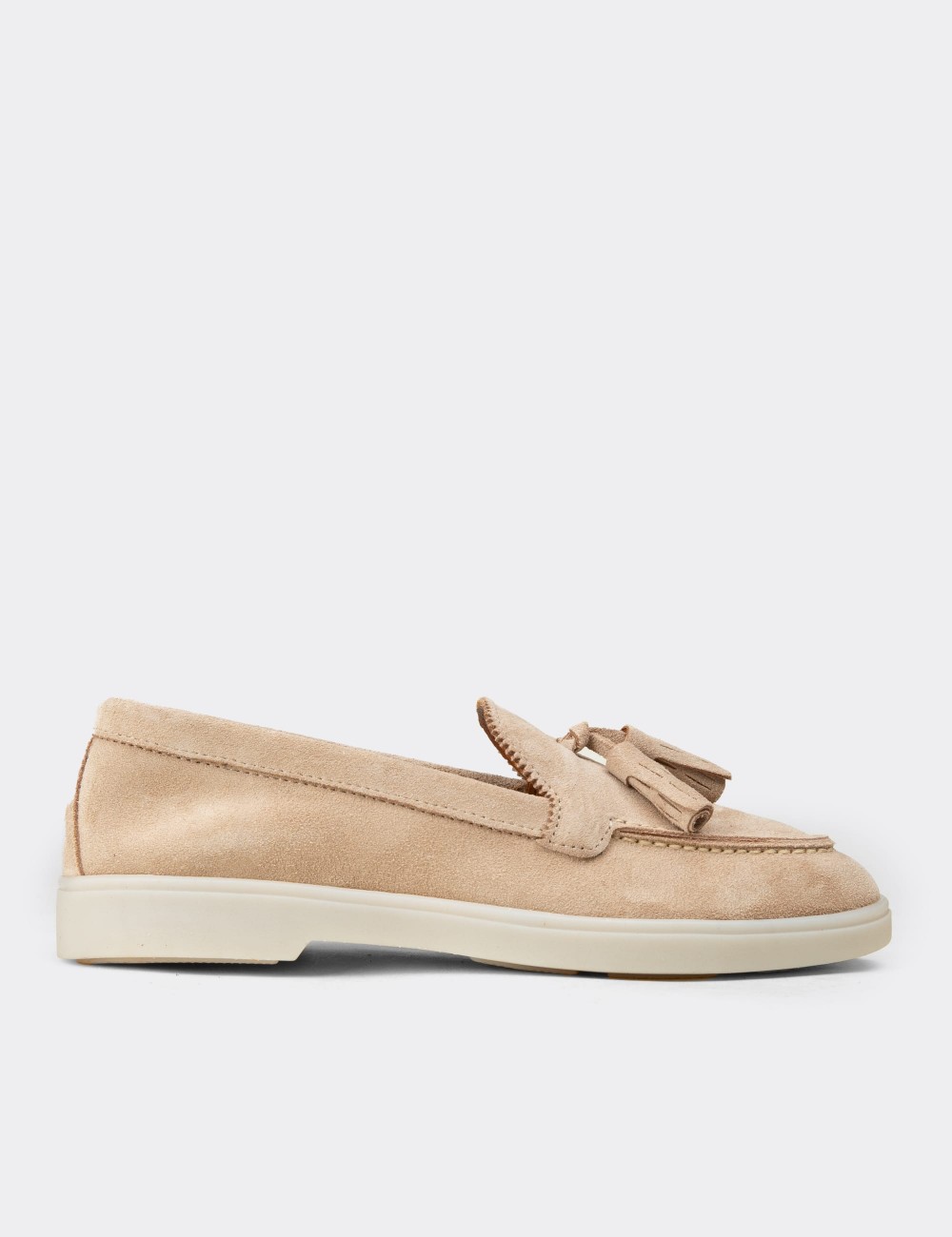 Women's Beige Suede Leather Tassel Loafers - 02040ZBEJC01
