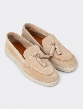 Women's Beige Suede Leather Tassel Loafers