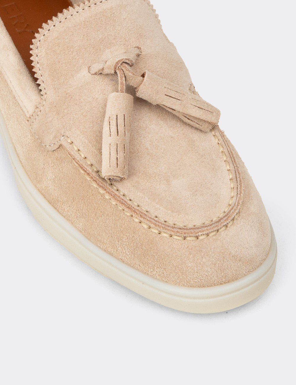 Women's Beige Suede Leather Tassel Loafers - 02040ZBEJC01