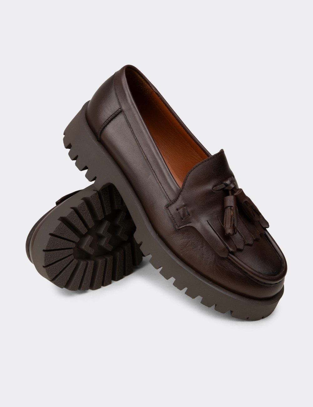 Women's Brown Leather Loafers - 02033ZKHVC03