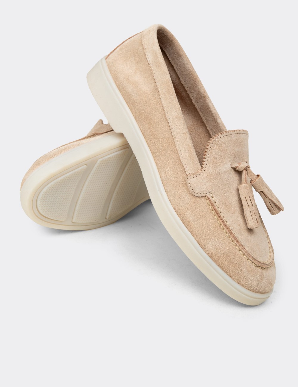 Women's Beige Suede Leather Tassel Loafers - 02040ZBEJC01
