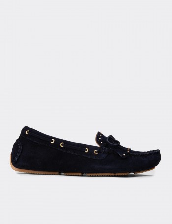 Women's Navy Suede Leather Loafers