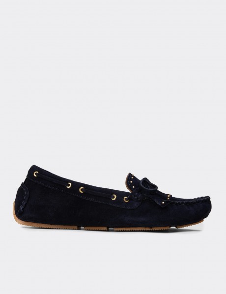 Women's Navy Suede Leather Loafers