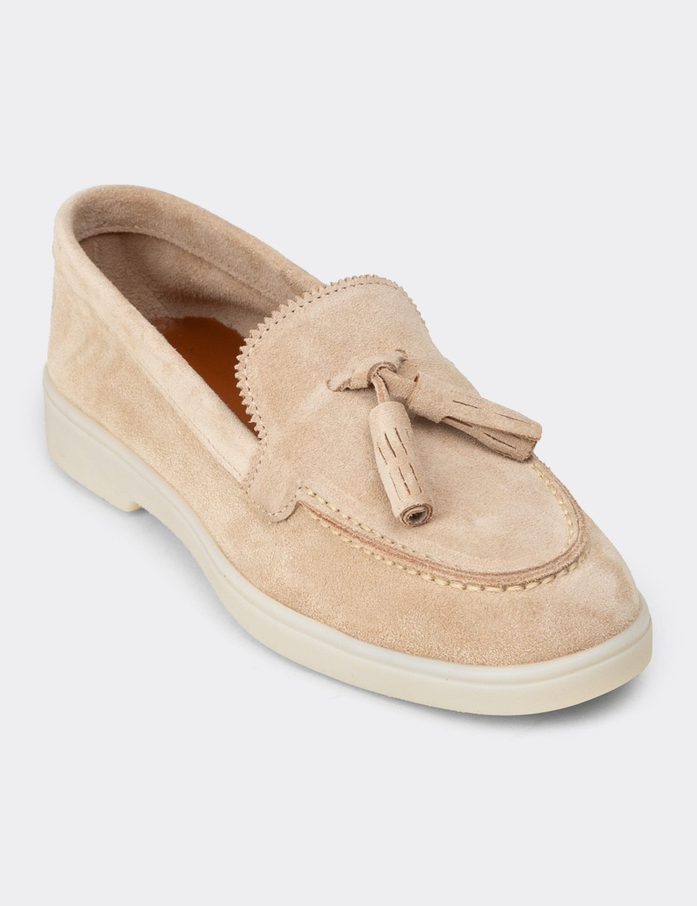 Women's Beige Suede Leather Tassel Loafers - 02040ZBEJC01