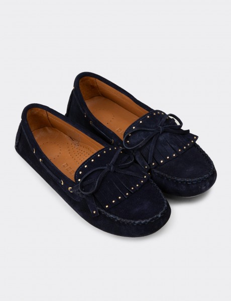 Women's Navy Suede Leather Loafers