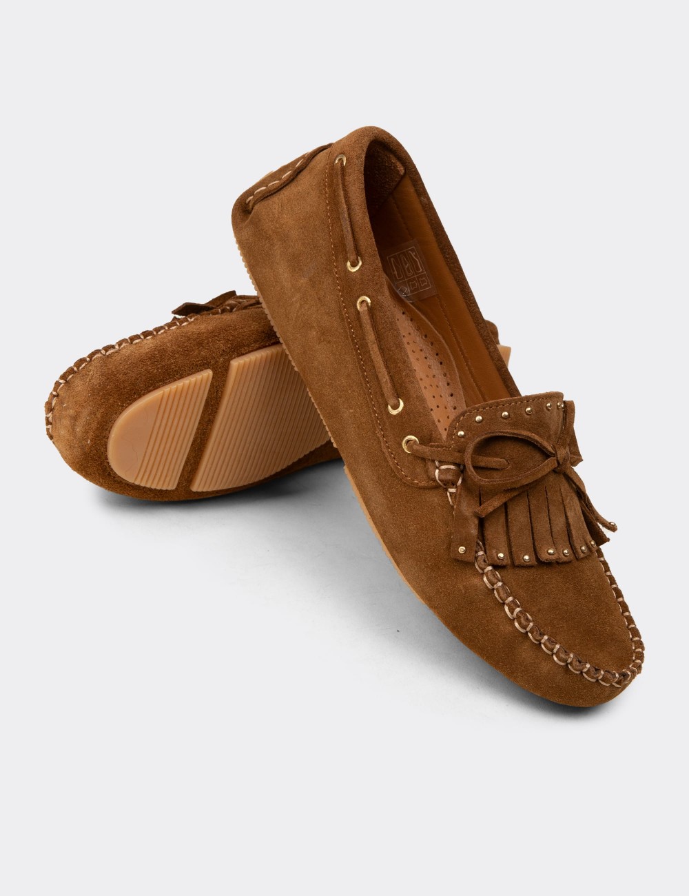 Women's Tan Suede Leather Moccasins - DL507ZTBAC01