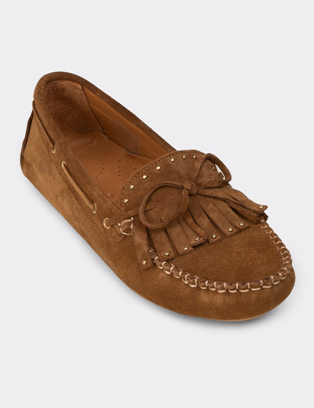 Women's Tan Suede Leather Moccasins - DL507ZTBAC01