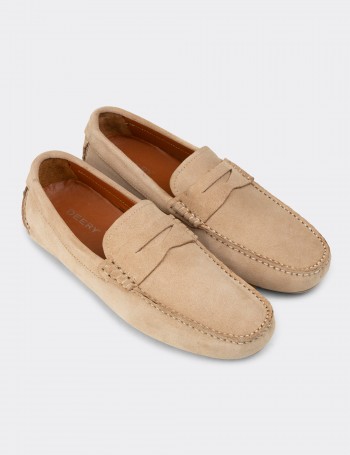 Men's Beige Suede Leather Driving Shoes