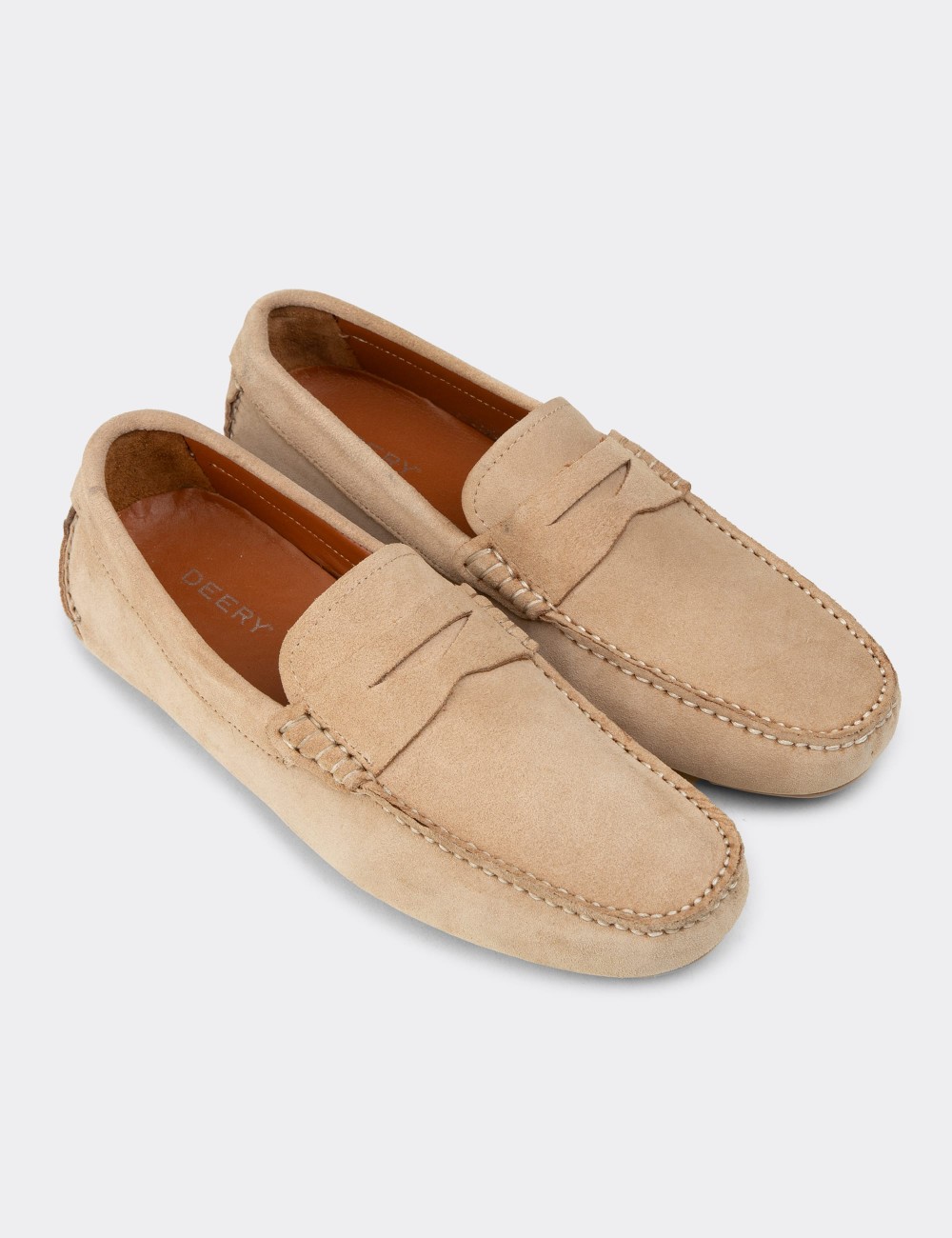 Men's Beige Suede Leather Driving Shoes - E0920MBEJC01