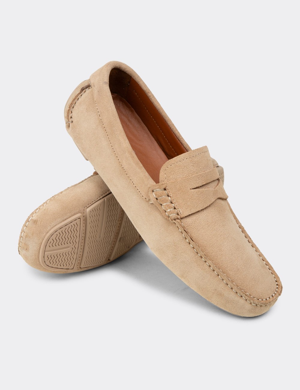 Men's Beige Suede Leather Driving Shoes - E0920MBEJC01
