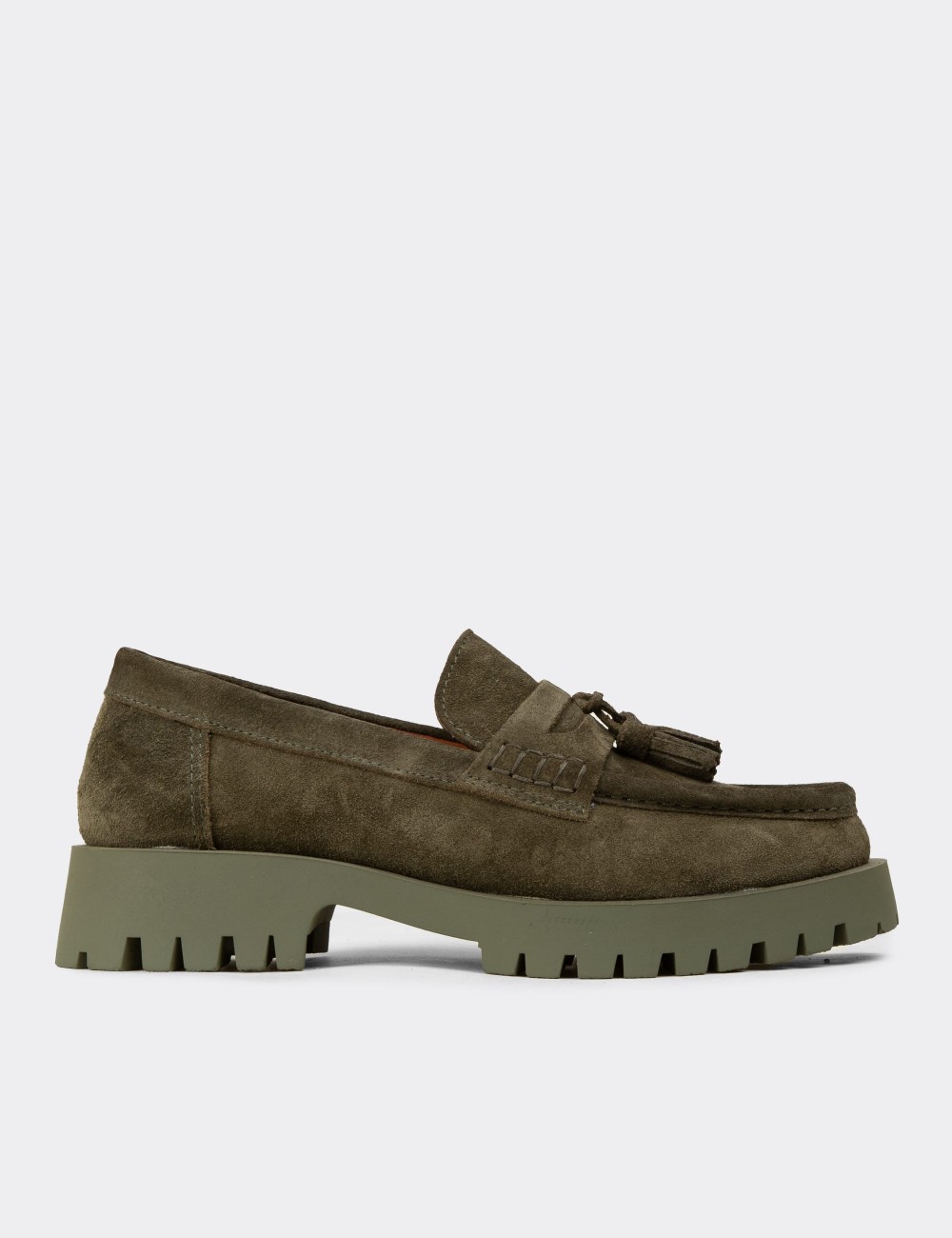 Women's Khaki Suede Leather Tassel Loafers - 02035ZHAKC03