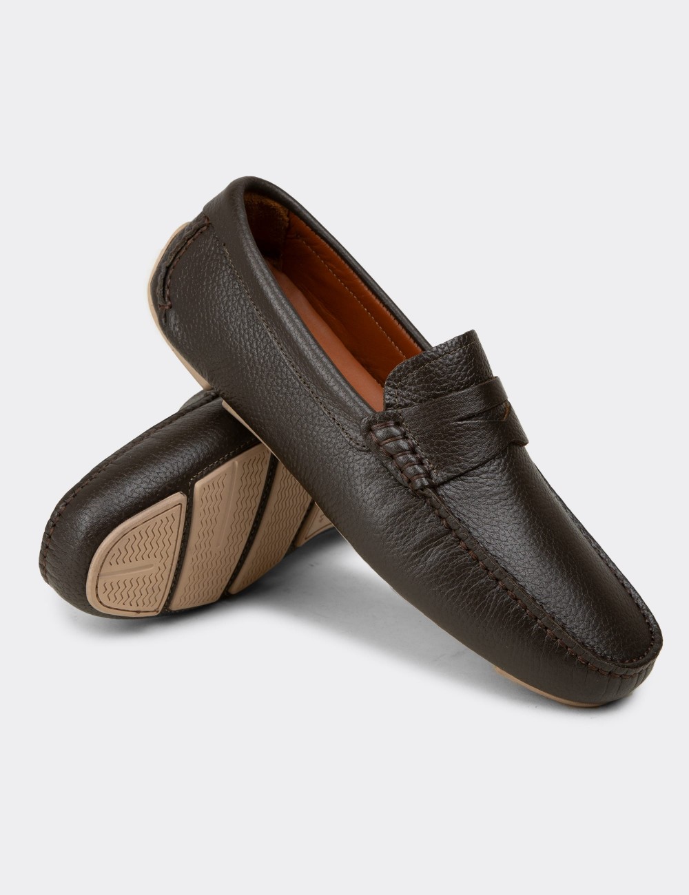 Men's Khaki Leather Driving Loafers - E0920MHAKC01