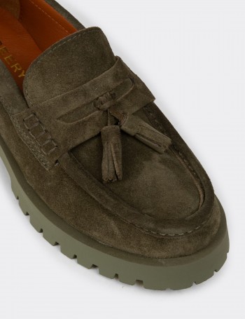 Women's Khaki Suede Leather Tassel Loafers