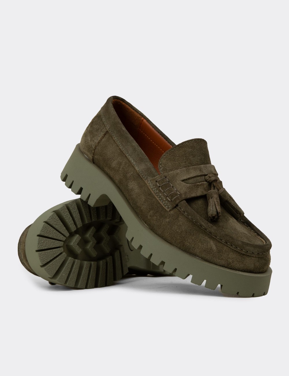 Women's Khaki Suede Leather Tassel Loafers - 02035ZHAKC03