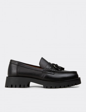 Women's Black Leather Tassel Loafers