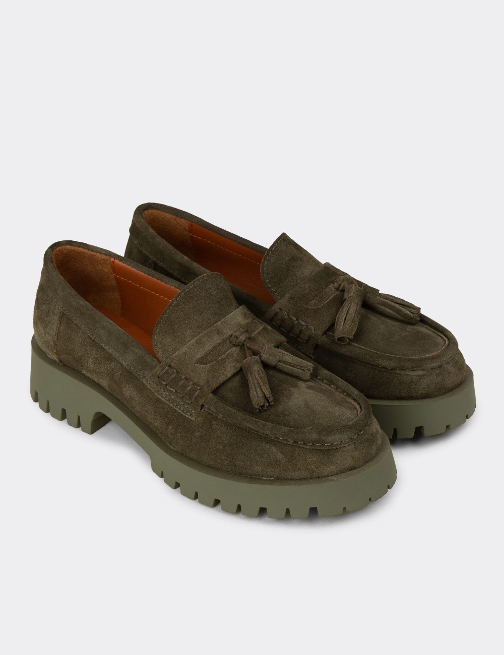 Women's Khaki Suede Leather Tassel Loafers - 02035ZHAKC03