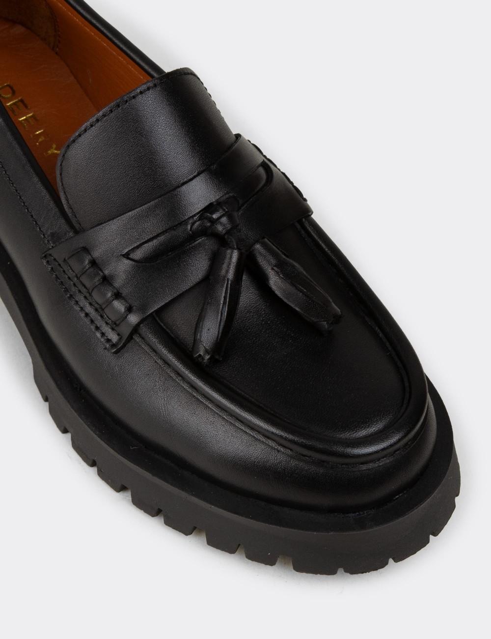 Women's Black Leather Tassel Loafers - 02035ZSYHC02