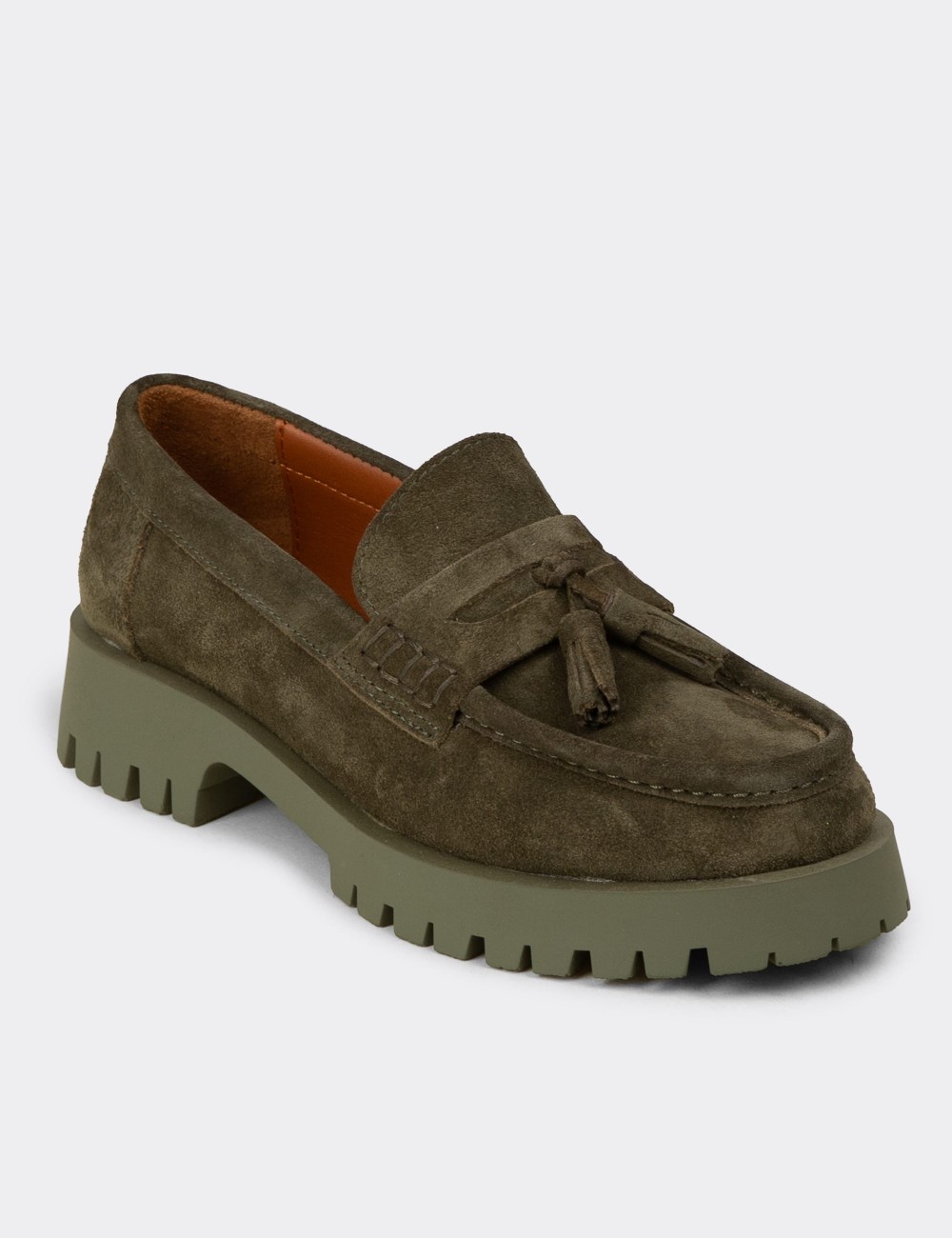 Women's Khaki Suede Leather Tassel Loafers - 02035ZHAKC03