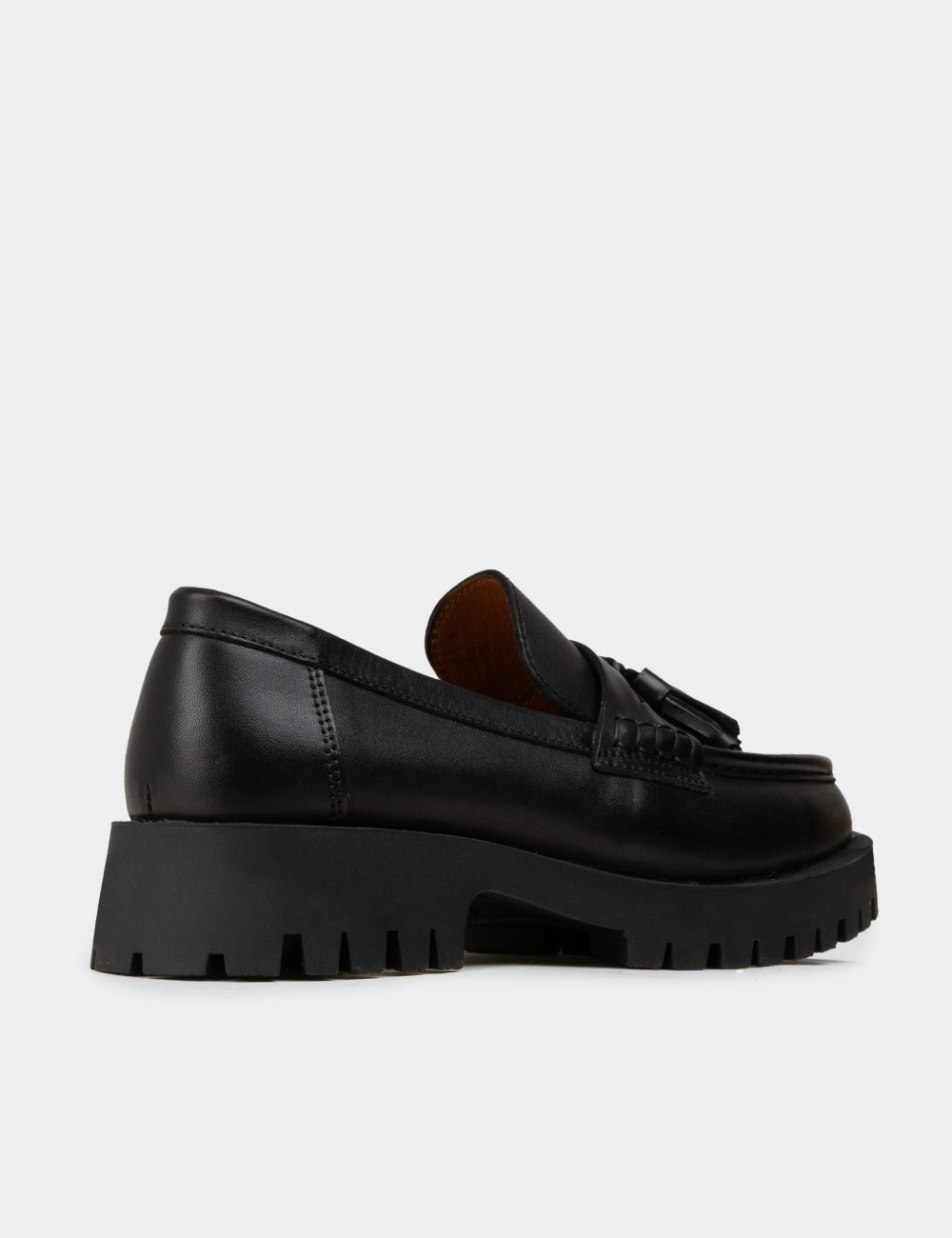 Women's Black Leather Tassel Loafers - 02035ZSYHC02